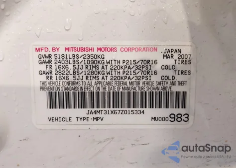 2007 Mitsubishi Outlander Ls z USA, uszkodzony, nr VIN JA4MT31X67Z015334